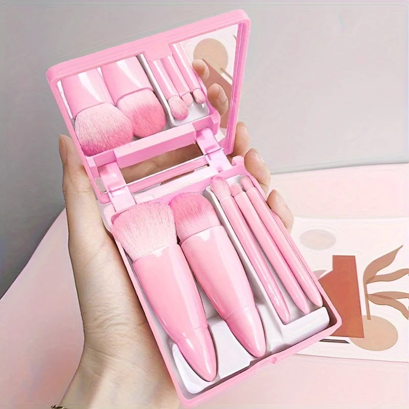 5-Piece Foldable Travel Makeup Brush Set with Mirror – Mini Portable Kit