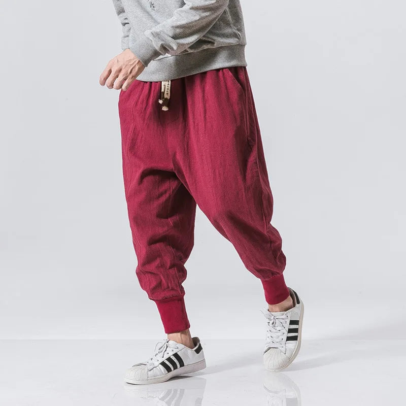 Chinese style Cotton Linen Harem Pants Men Solid Elastic Waist Streetwear Joggers Baggy Drop-crotch Pants Casual Trousers Men