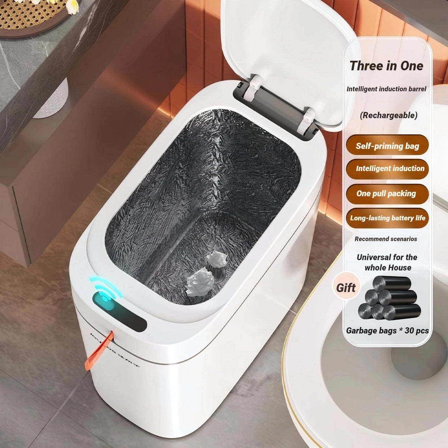 Slimme Prullenbak met Sensor en Zonder Aanraking – Automatische Zakadsorptie, USB Oplaadbaar