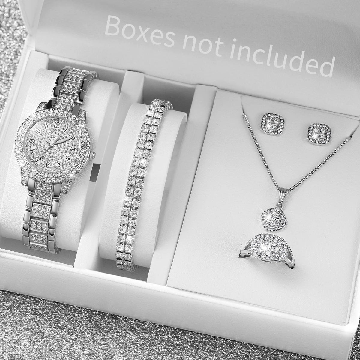 6-Piece Diamond Women's Watch & Jewelry Set – Gold Steel Quartz Gift Set