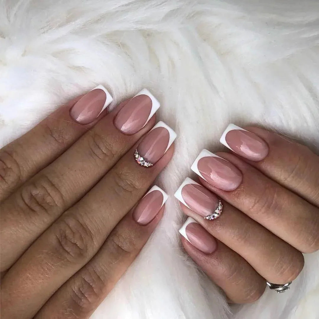24pcs/set short square fake nails for women cute bride heart white french tips faux ongles y2k press on false nail supplies