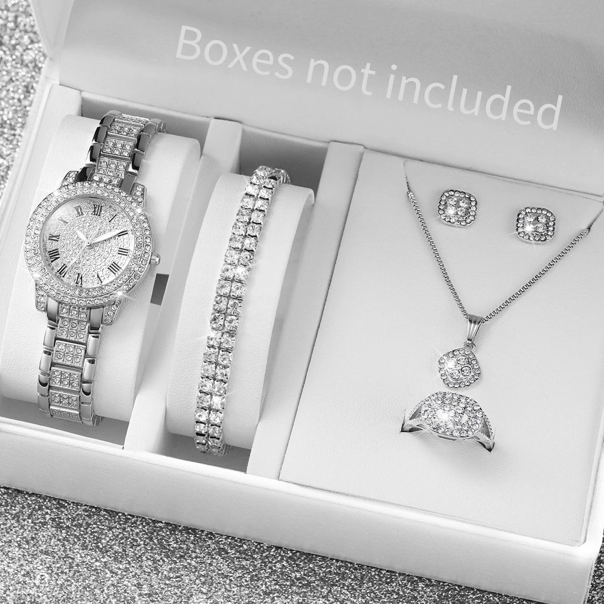 6-Piece Diamond Women's Watch & Jewelry Set – Gold Steel Quartz Gift Set