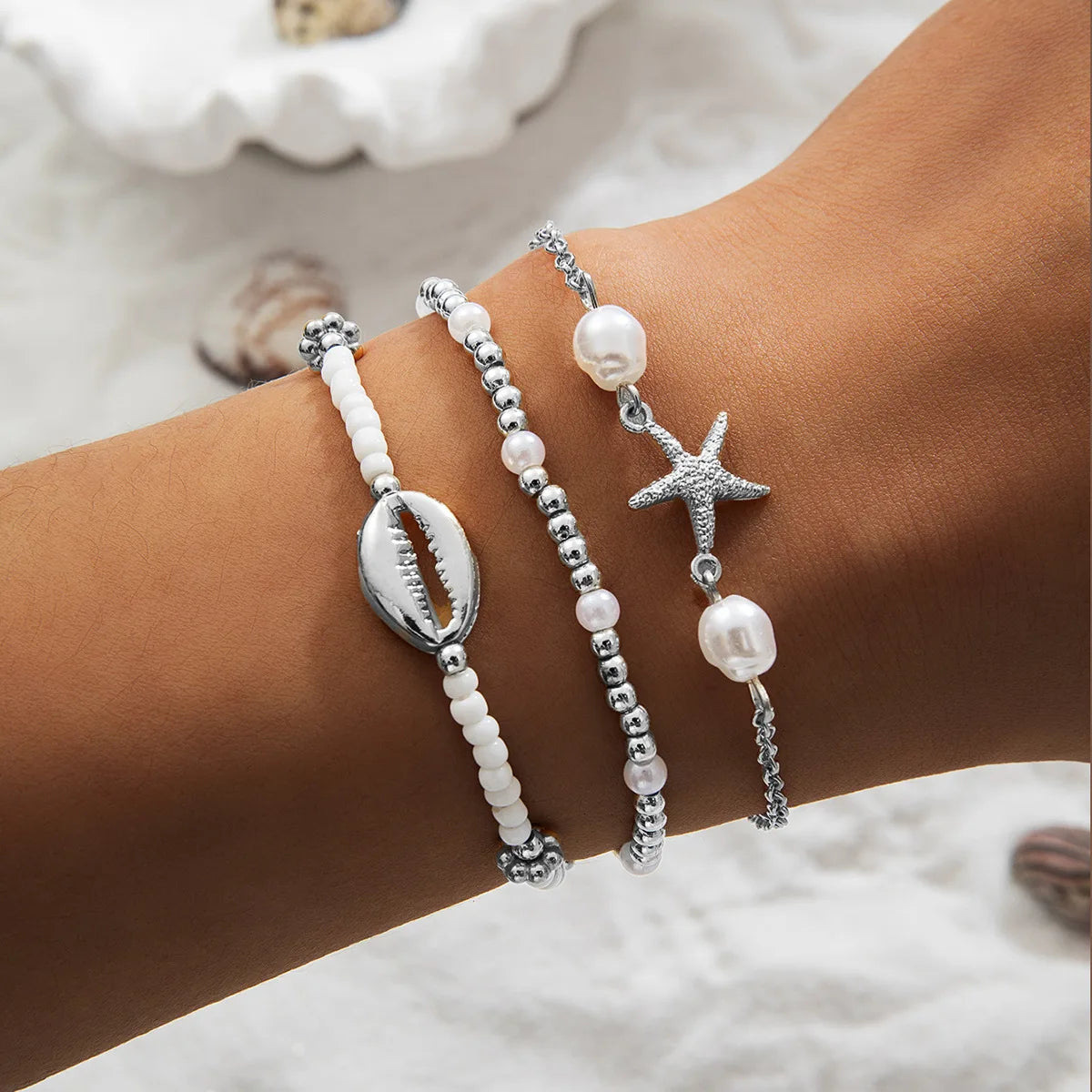 3-Piece Summer Shell Bracelet Set – Starfish Charm & Pearl Seed Bead Bracelets
