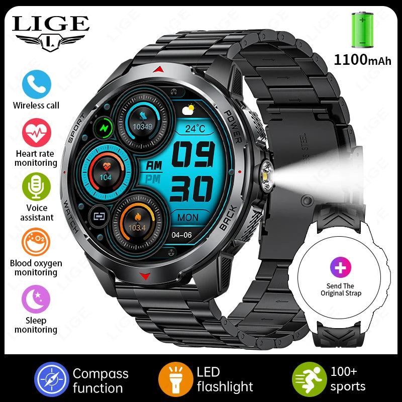 LIGE 1100mAh Battery Smart Watches For Man Outdoor Sport LED Flashlight Compass Men’s Smartwatch Bluetooth Call Men 2026 Watches