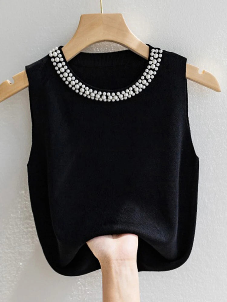 Korean Knitted Beaded Sleeveless Vest Top – Women's Casual Summer Fashion