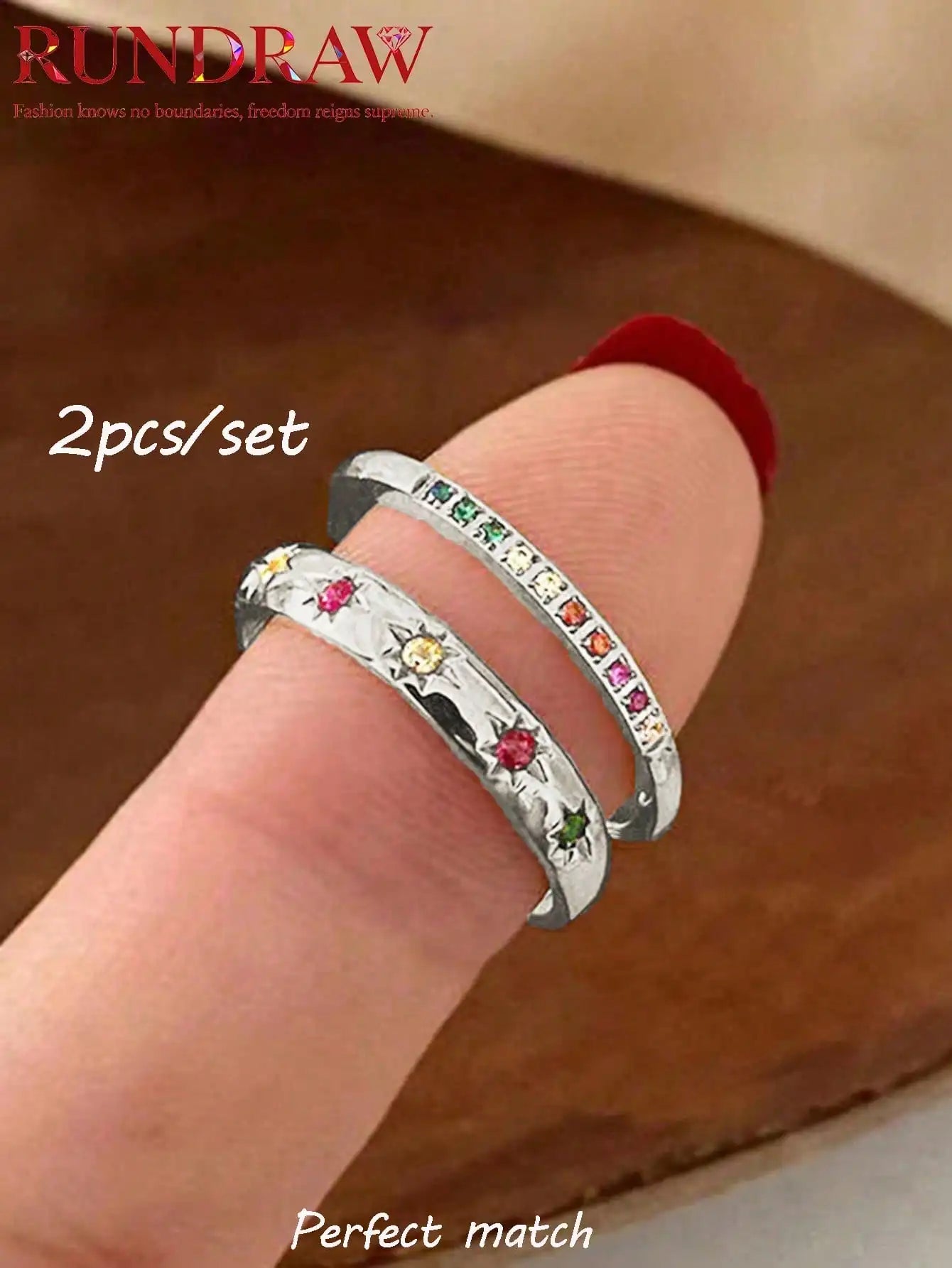 2pcs/Set Colorful Cubic Zirconia Gold-Tone Waterproof Star Rings Set, Jewelry Gift double rings for friend jewelry Y2k fashion
