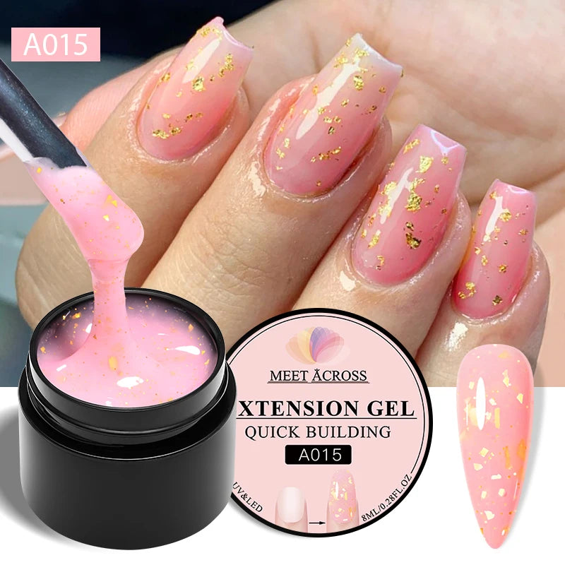 MEET ACROSS 8ml Gold Foils Quick Extension Gel Nail Polish Pink Nude Orange Glitter Finger Prolong Nail Art UV Hard Gel Nails