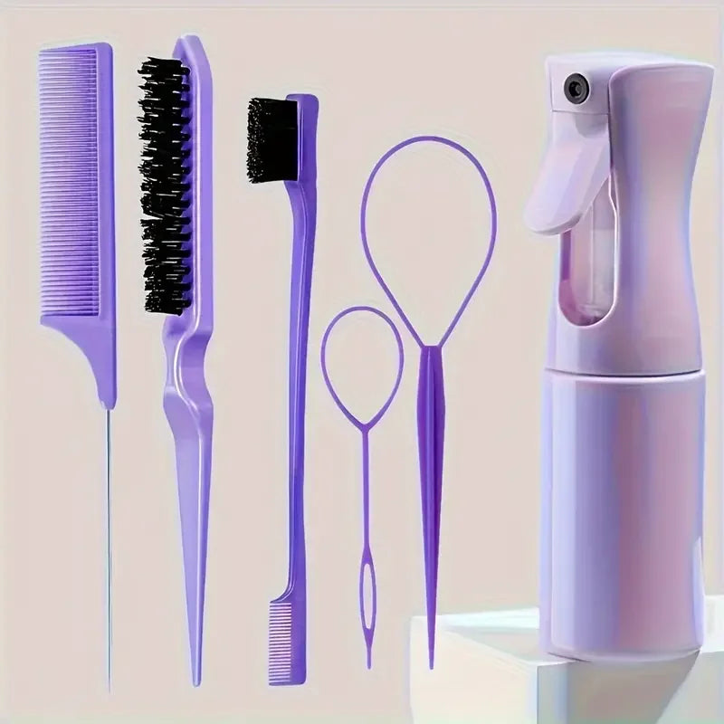 6-Piece Hair Brush & Styling Set – Spray Bottle, Edge Brush, Tail Comb & More