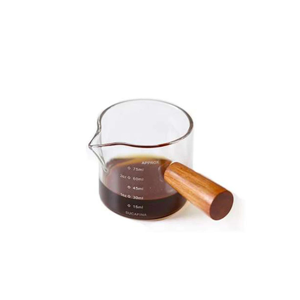 Glass Espresso Measuring Cup with Wooden Handle – Single & Double Shot Jug