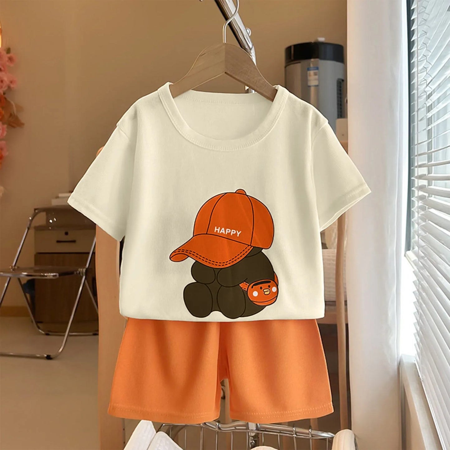 Children Boys 2pcs Tracksuits Cotton Bear Printed Short Sleeves+Shorts Kids Boys Outfits Loose Round Collar Little Boys Tee Suit