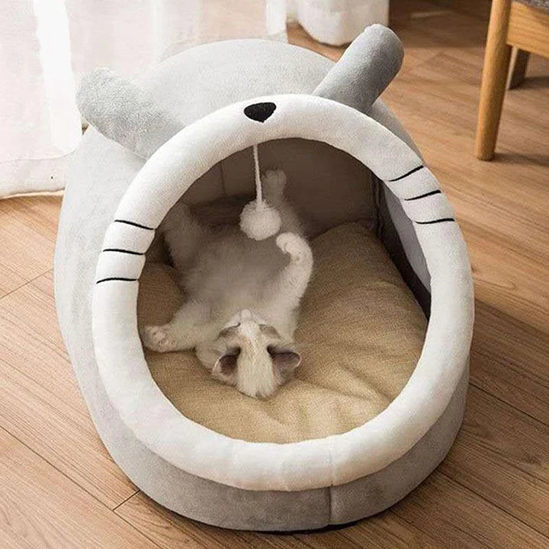 Foldable Cartoon Cat Cave Bed – Washable Removable Cushion