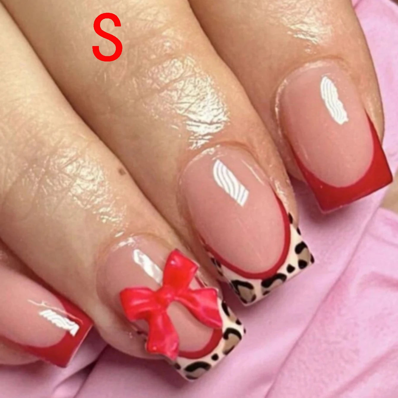 10-Piece Leopard Print Red Bow Press-On Nails – Short Square Glossy Acrylic False Nails