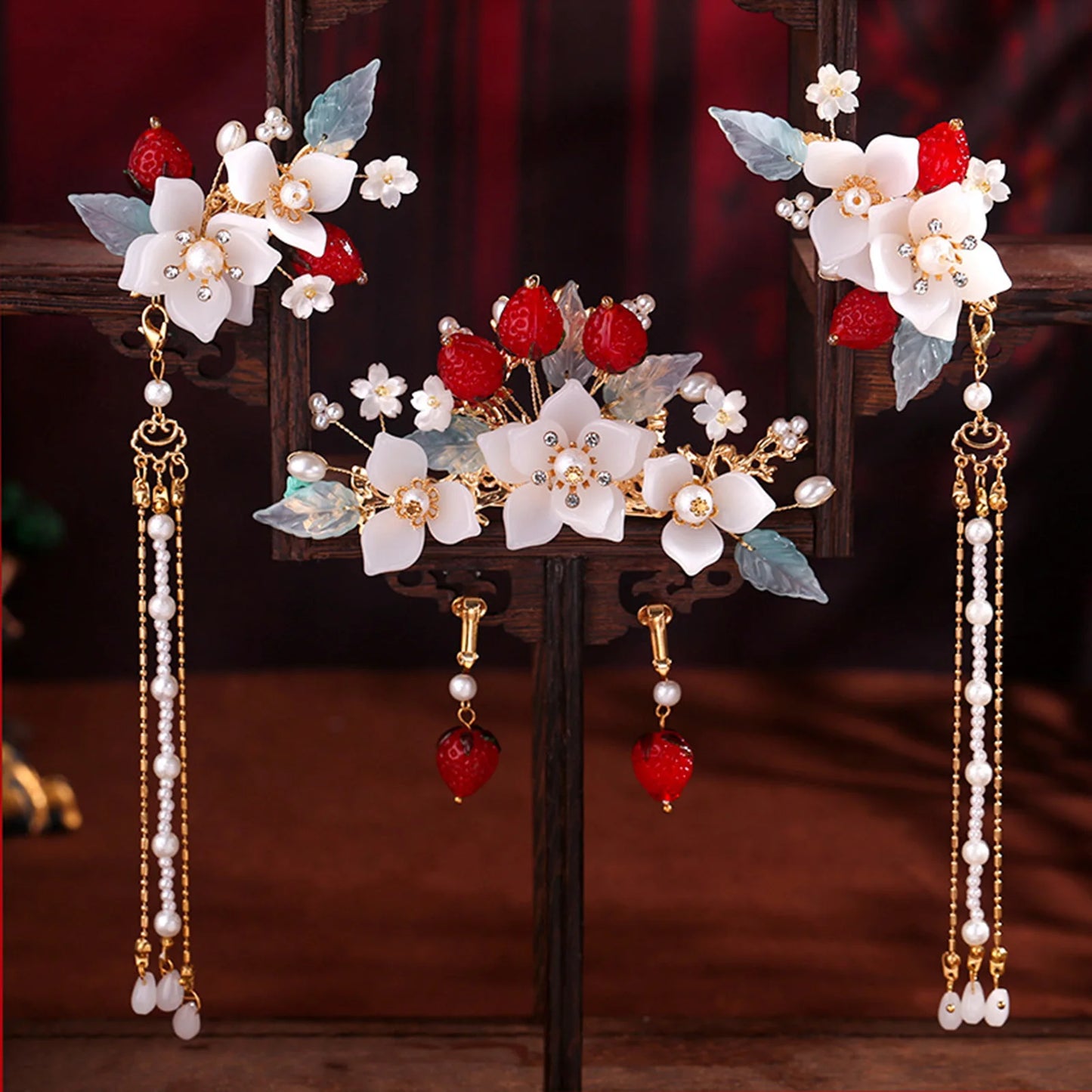 Chinese Long Hair Stick Tiara Headpiece Women Hair Accessories Flower Crystal Pearl Hair Pins Handmade Hanfu Hair Jewelry Set