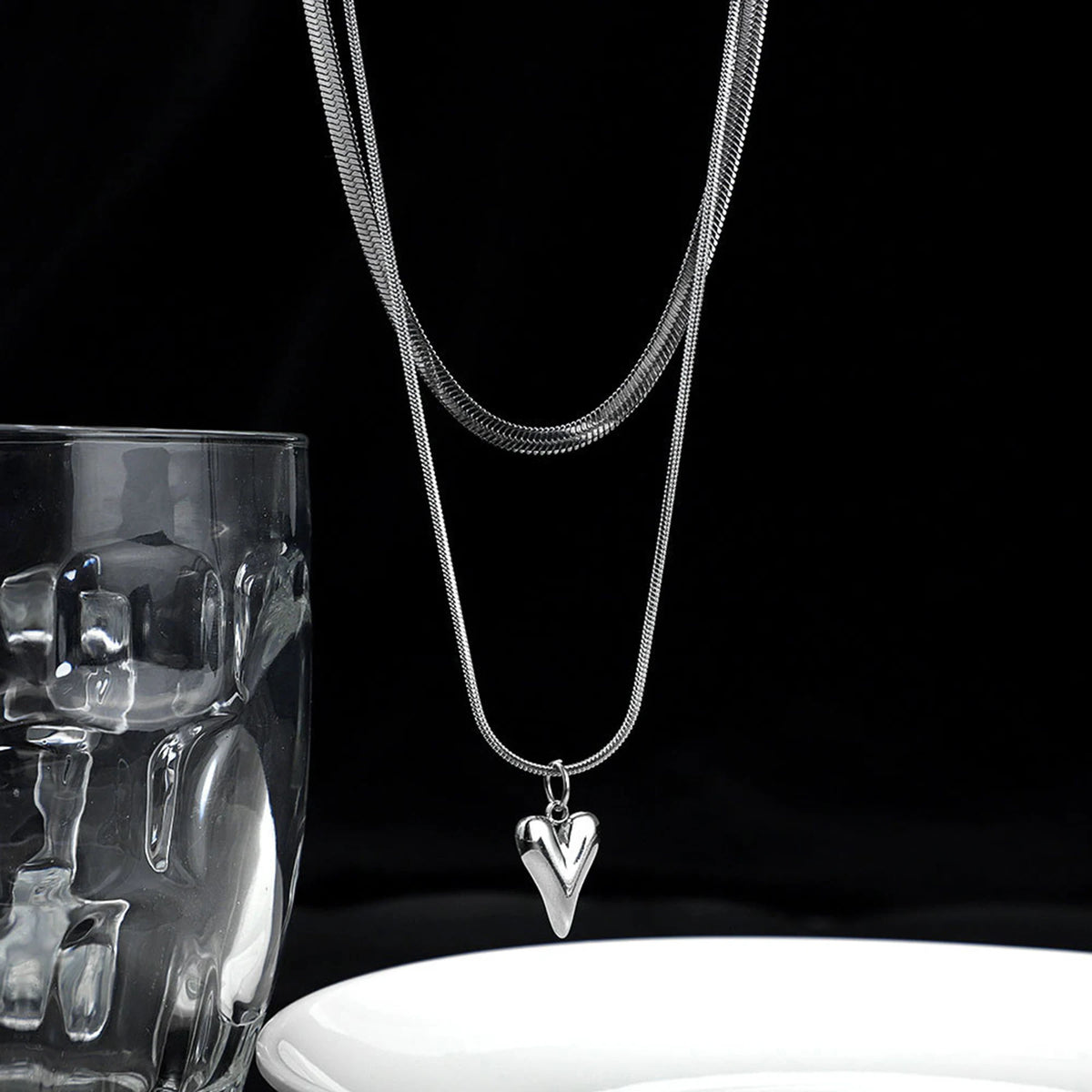 Seakissky Double-Layer Stainless Steel Heart Pendant Necklace – Elegant Gift for Women