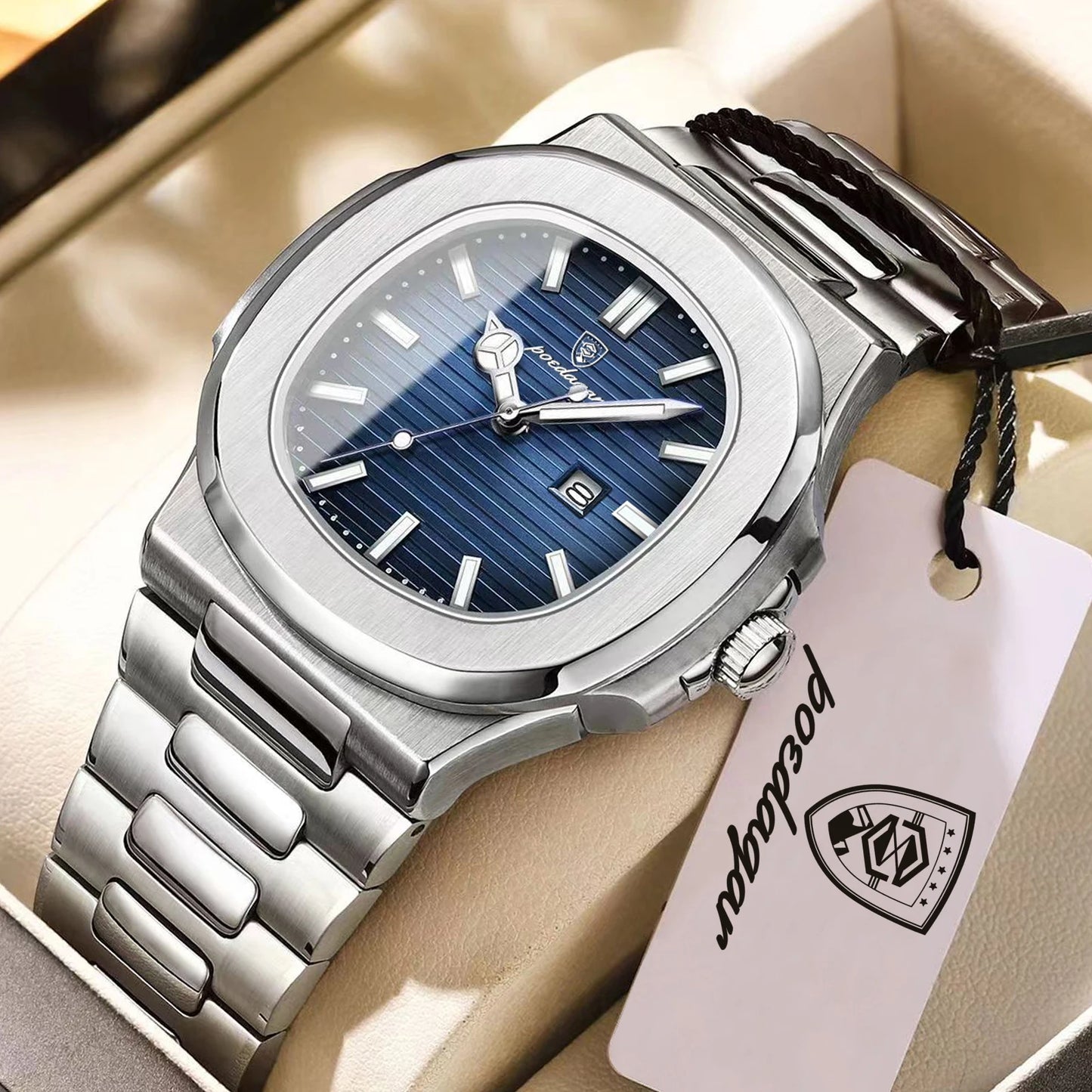 POEDAGAR Luxury Square Men Wristwatch Waterproof Luminous Date Stainless Steel Sports Male Clock Business Quartz Watches For Men