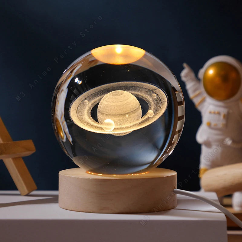 3D Crystal Ball Galaxy Night Light – Saturn & Moon Planet LED Bedside Lamp Gift