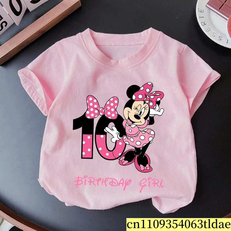 Minnie Mouse Girl Number T Shirt Pink Birthday Party Clothes Cartoon Toddler Cotton Tops Cute Short Sleeve Tees Kids Gift