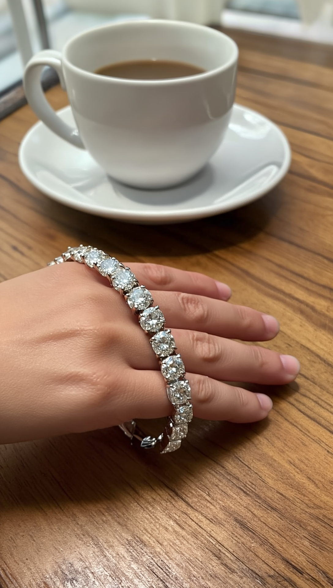 Micro zircon tennis bracelet on a wrist beside a coffee cup