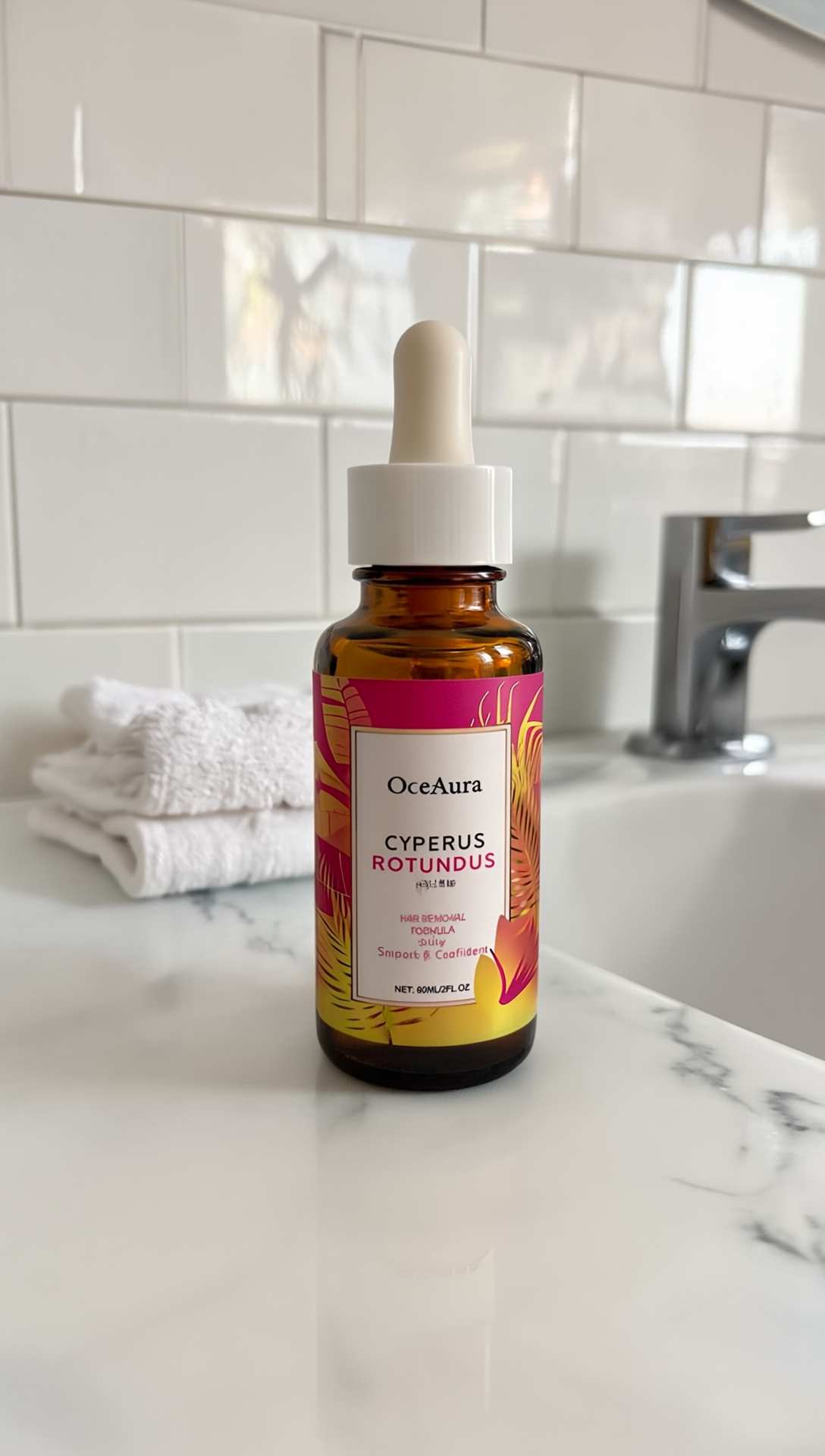 Cyperus Rotundus clarifying skin oil bottle on a bathroom vanity shelf