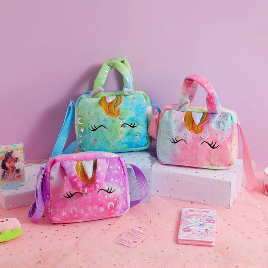 Unicorn Tie-Dye Plush Crossbody Shoulder Bag for Girls