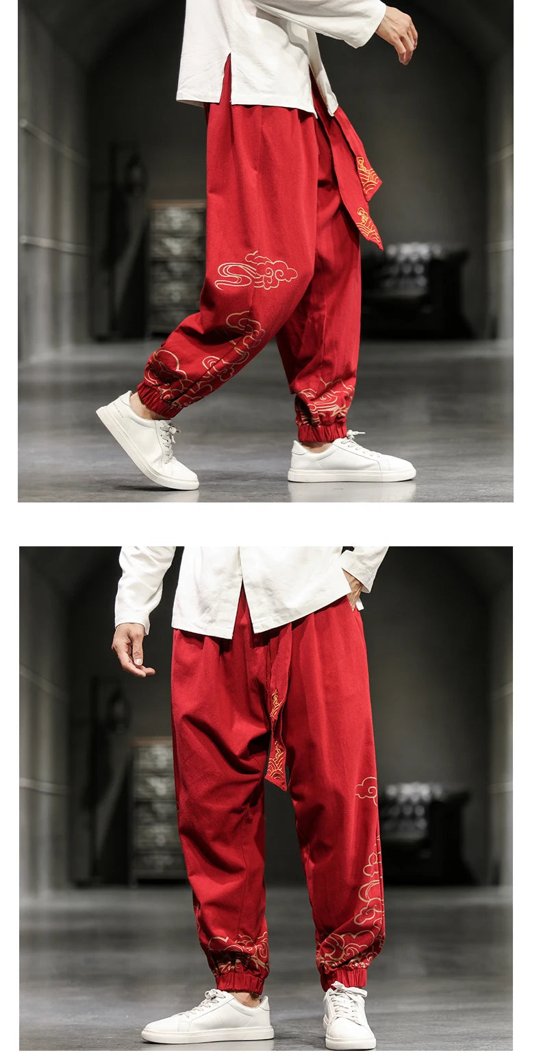 Chinese Style Retro Auspicious Clouds Print Pants Men Clothing Autumn Fashion Clothes Loose Casual Pants Plus Size Harem Pants