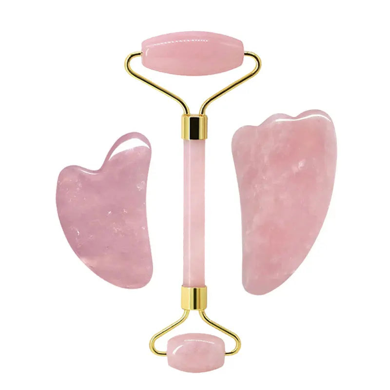 Rose Quartz Face Roller & Gua Sha Set – Natural Stone Facial Massage Beauty Tools