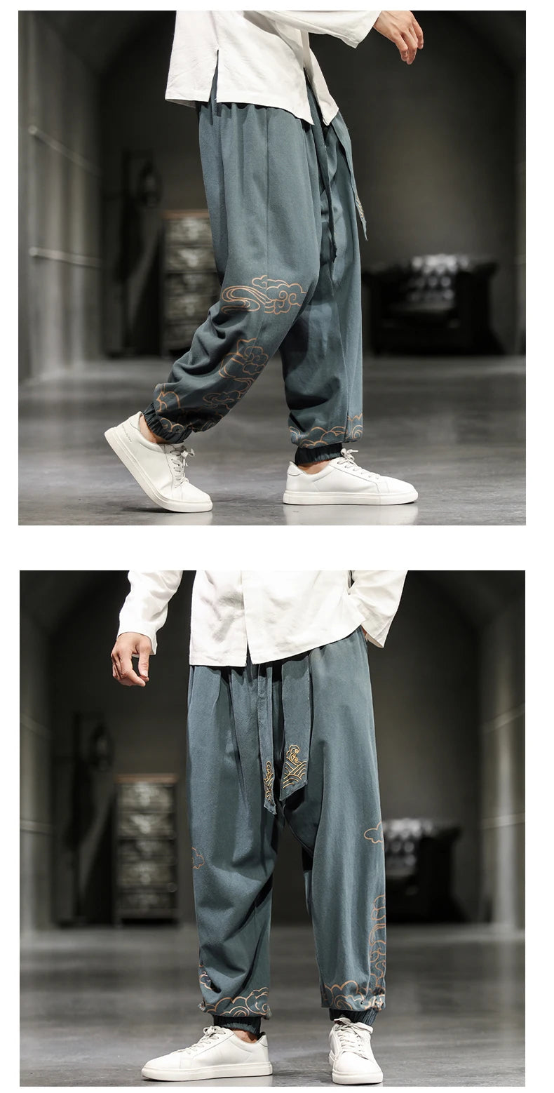 Chinese Style Retro Auspicious Clouds Print Pants Men Clothing Autumn Fashion Clothes Loose Casual Pants Plus Size Harem Pants