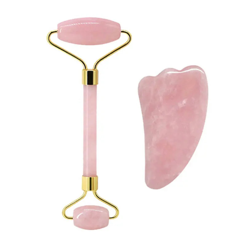 Rose Quartz Face Roller & Gua Sha Set – Natural Stone Facial Massage Beauty Tools
