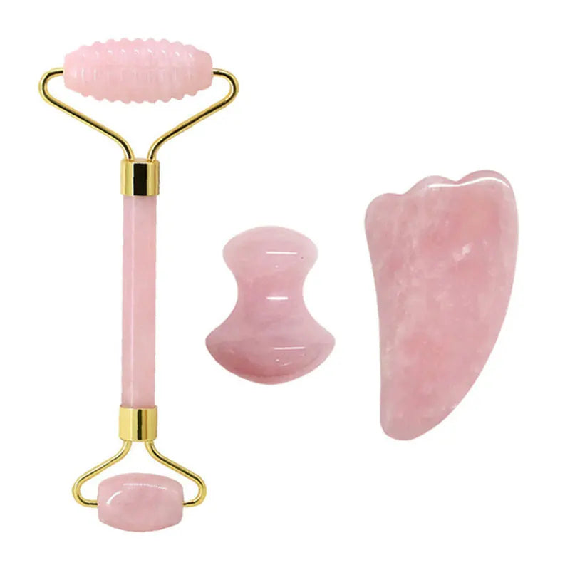 Rose Quartz Face Roller & Gua Sha Set – Natural Stone Facial Massage Beauty Tools