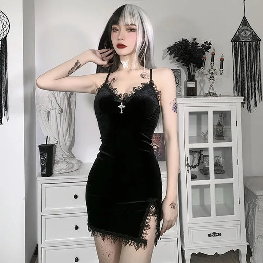 Dark Cross Gothic Black Mini Dress – High Waist Spaghetti Strap Slit