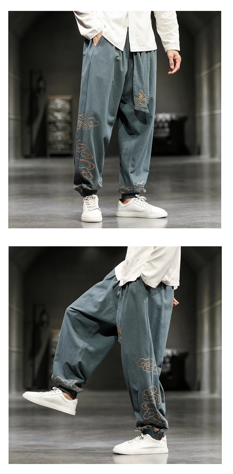 Chinese Style Retro Auspicious Clouds Print Pants Men Clothing Autumn Fashion Clothes Loose Casual Pants Plus Size Harem Pants