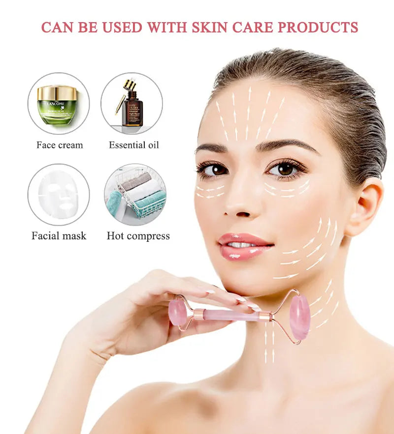 Rose Quartz Face Roller & Gua Sha Set – Natural Stone Facial Massage Beauty Tools