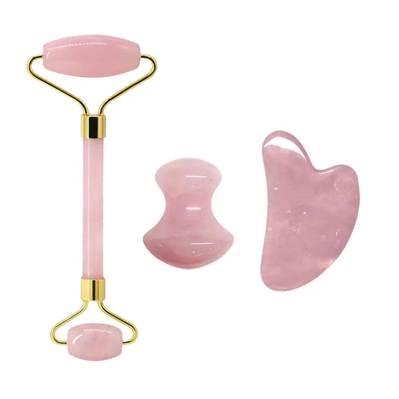 Rose Quartz Face Roller & Gua Sha Set – Natural Stone Facial Massage Beauty Tools
