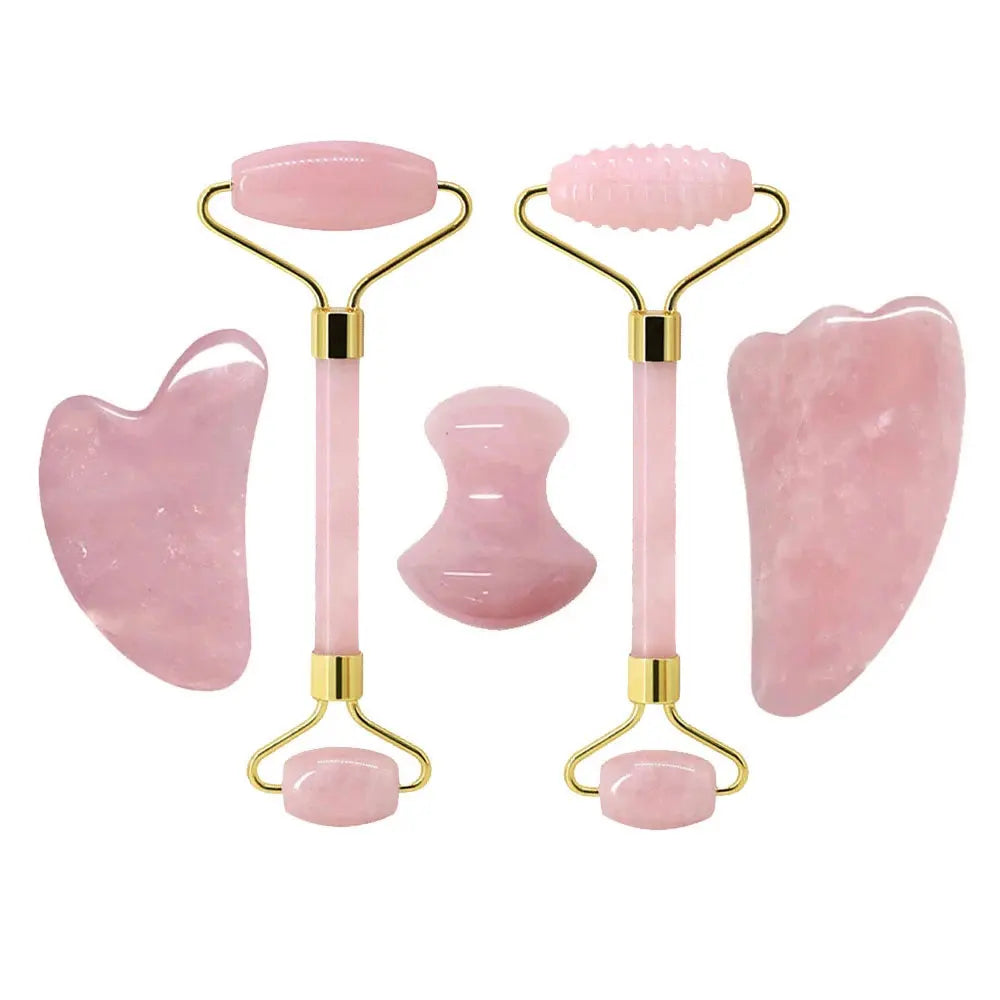 Rose Quartz Face Roller & Gua Sha Set – Natural Stone Facial Massage Beauty Tools