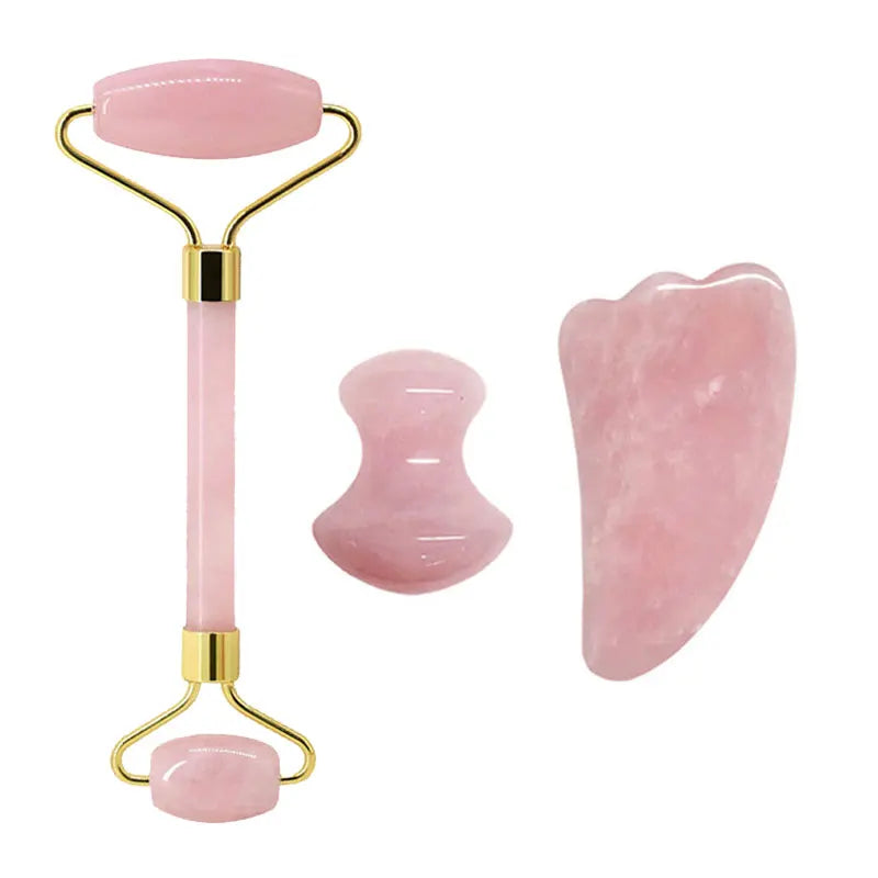 Rose Quartz Face Roller & Gua Sha Set – Natural Stone Facial Massage Beauty Tools