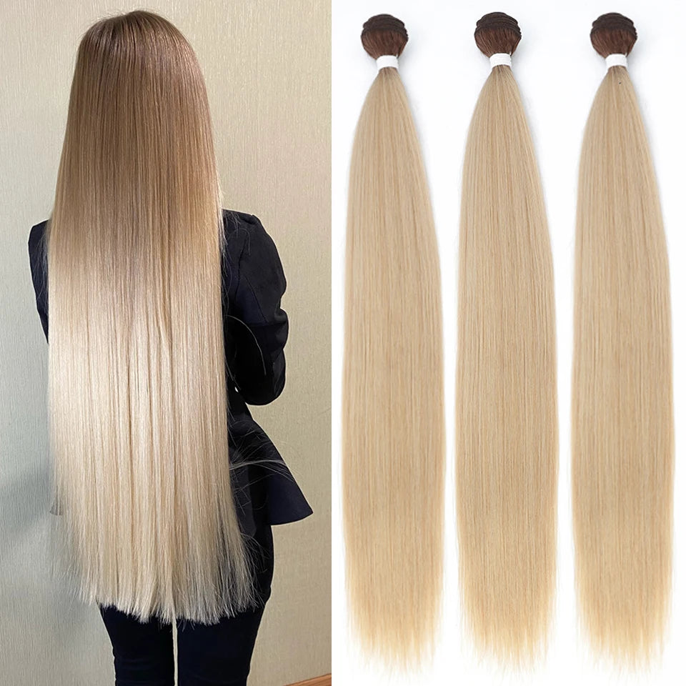 Bone Straight Synthetic Hair Bundles – Natural Super Long Yaki Straight Hair Weaving Extensions