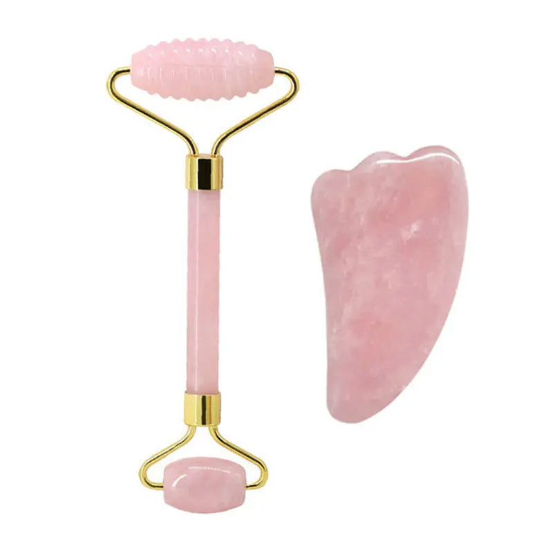 Rose Quartz Face Roller & Gua Sha Set – Natural Stone Facial Massage Beauty Tools