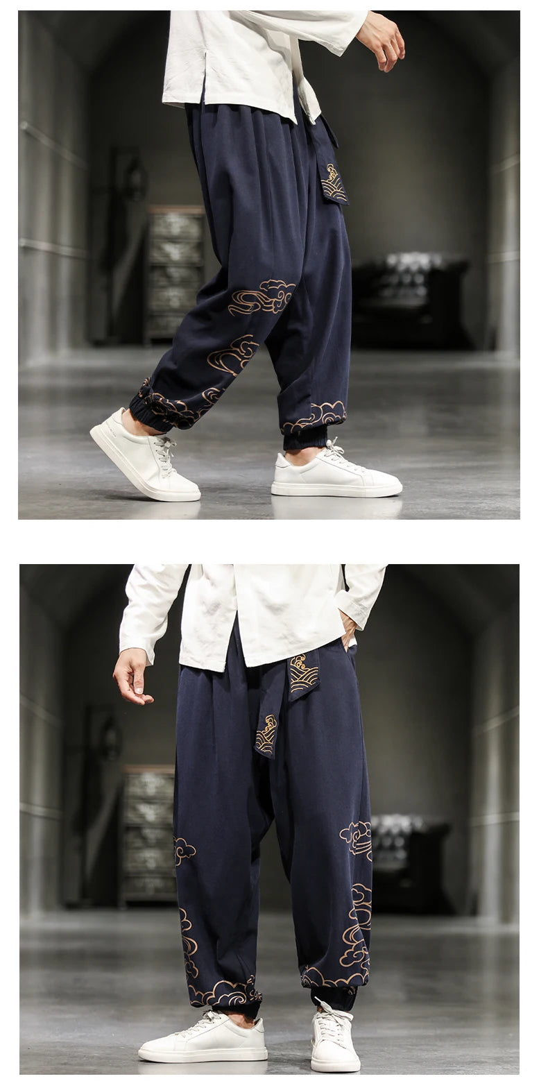 Chinese Style Retro Auspicious Clouds Print Pants Men Clothing Autumn Fashion Clothes Loose Casual Pants Plus Size Harem Pants