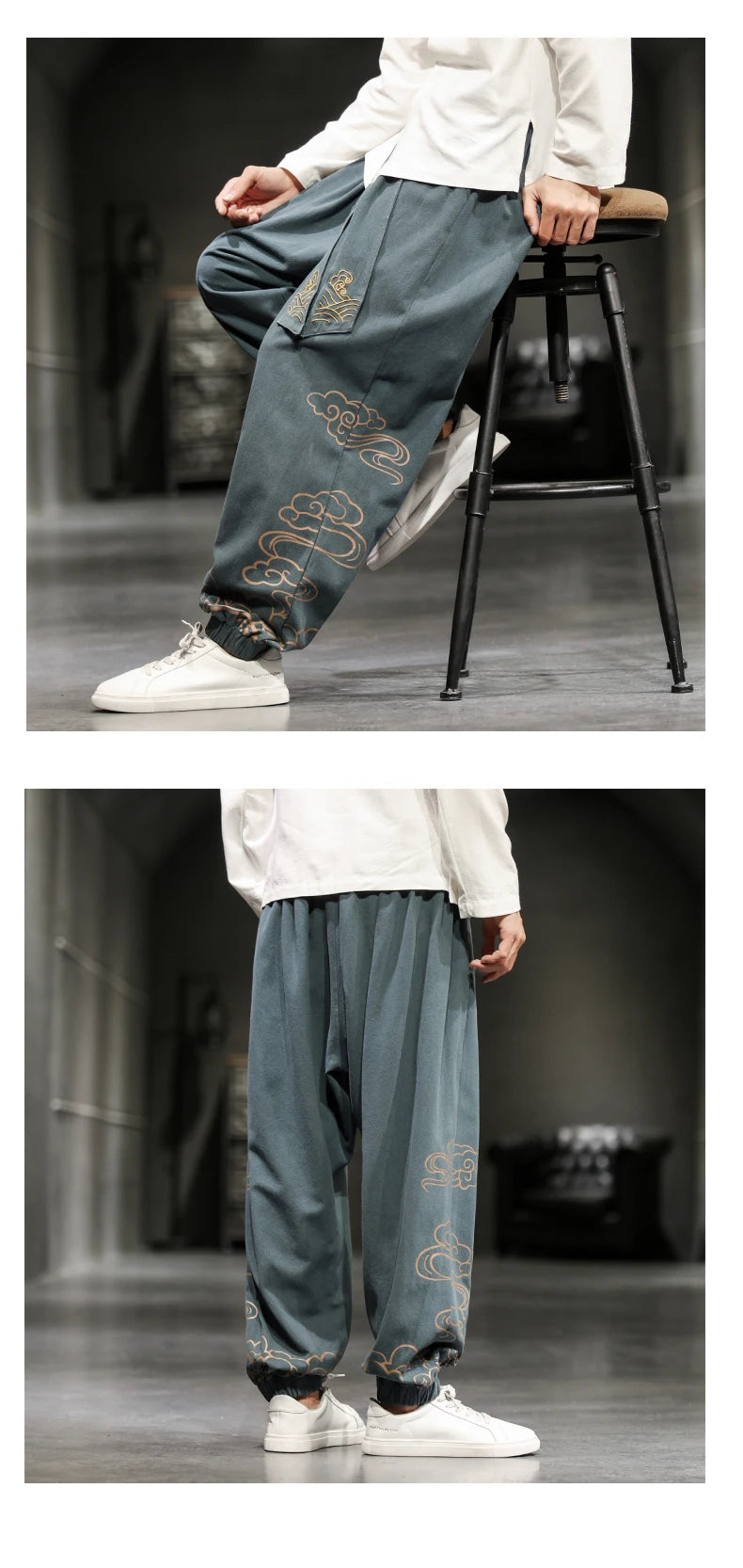 Chinese Style Retro Auspicious Clouds Print Pants Men Clothing Autumn Fashion Clothes Loose Casual Pants Plus Size Harem Pants