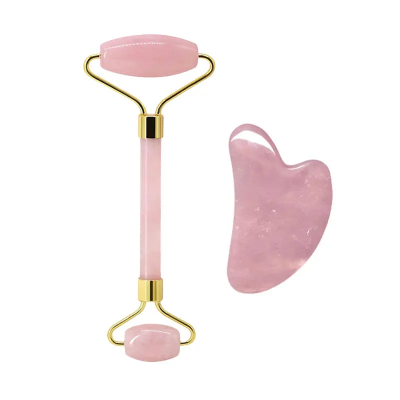Rose Quartz Face Roller & Gua Sha Set – Natural Stone Facial Massage Beauty Tools