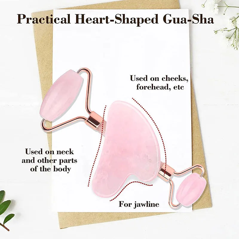 Rose Quartz Face Roller & Gua Sha Set – Natural Stone Facial Massage Beauty Tools