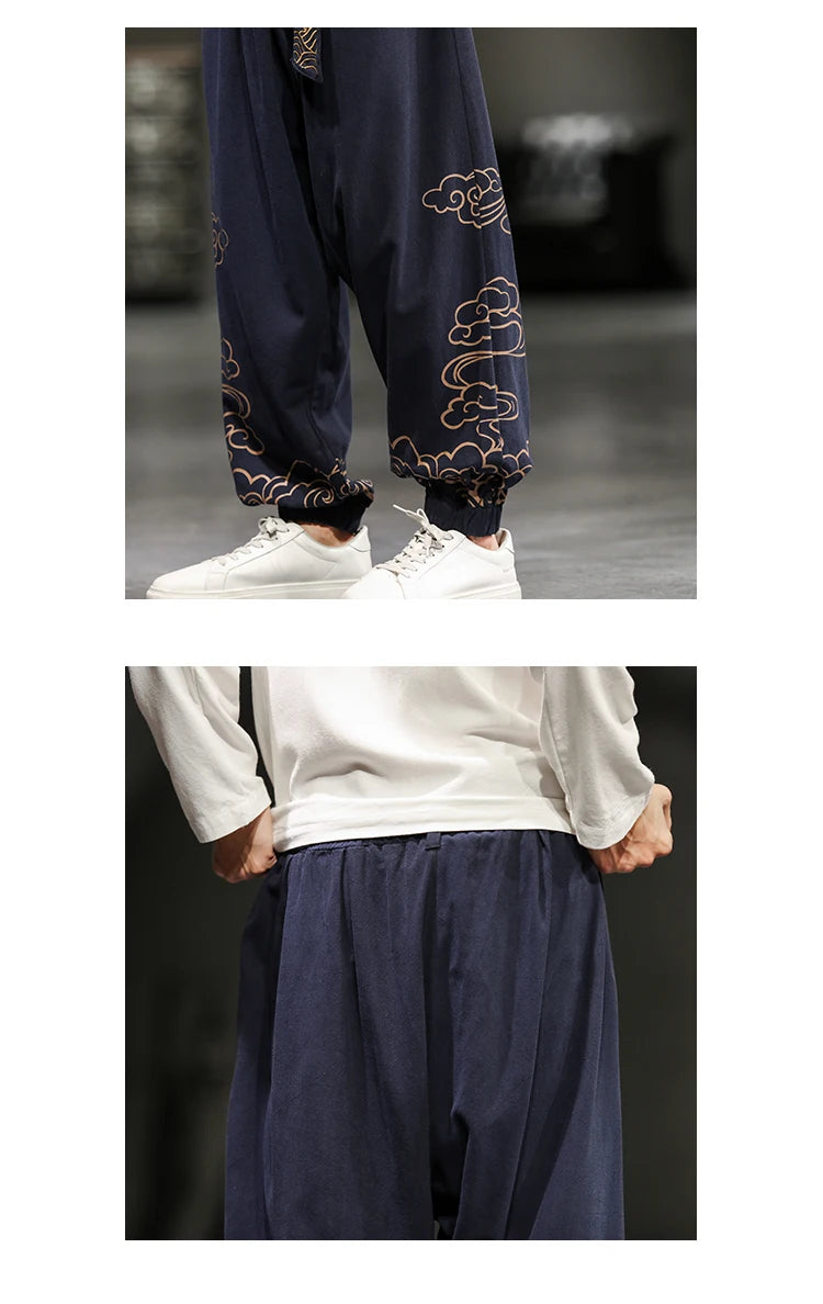Chinese Style Retro Auspicious Clouds Print Pants Men Clothing Autumn Fashion Clothes Loose Casual Pants Plus Size Harem Pants