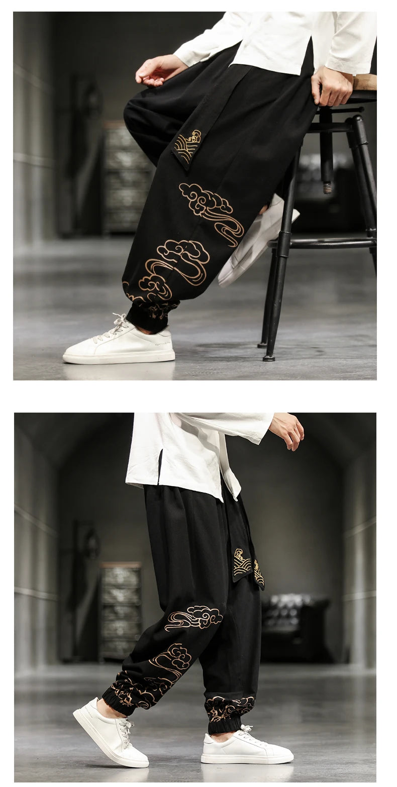 Chinese Style Retro Auspicious Clouds Print Pants Men Clothing Autumn Fashion Clothes Loose Casual Pants Plus Size Harem Pants