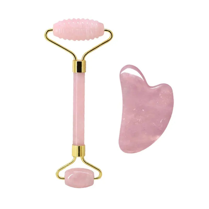 Rose Quartz Face Roller & Gua Sha Set – Natural Stone Facial Massage Beauty Tools