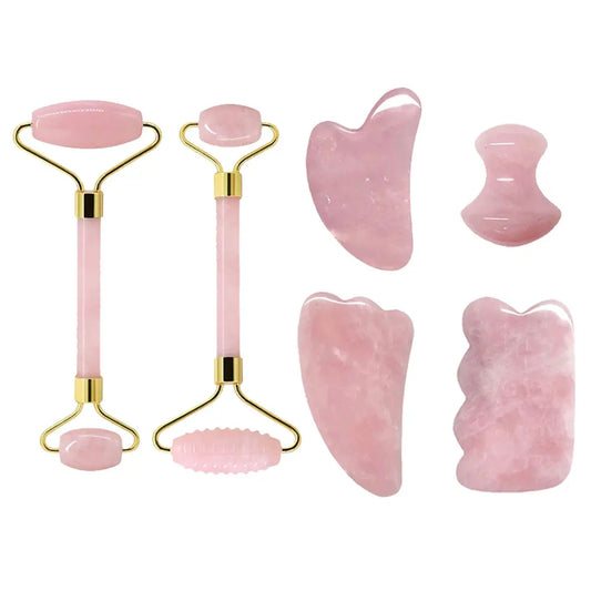 Rose Quartz Face Roller & Gua Sha Set – Natural Stone Facial Massage Beauty Tools
