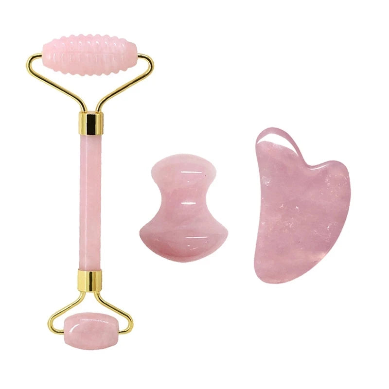 Rose Quartz Face Roller & Gua Sha Set – Natural Stone Facial Massage Beauty Tools