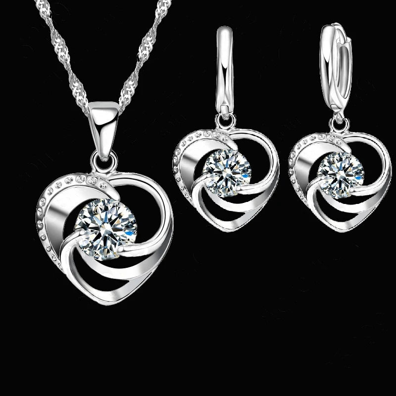 925 Sterling Silver Heart Necklace & Earrings Set – Romantic Love Gift for Women