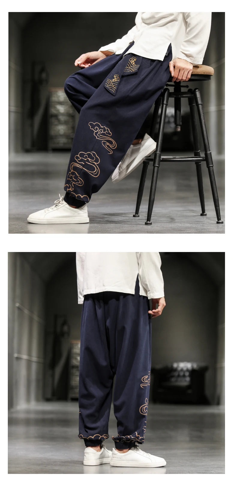 Chinese Style Retro Auspicious Clouds Print Pants Men Clothing Autumn Fashion Clothes Loose Casual Pants Plus Size Harem Pants