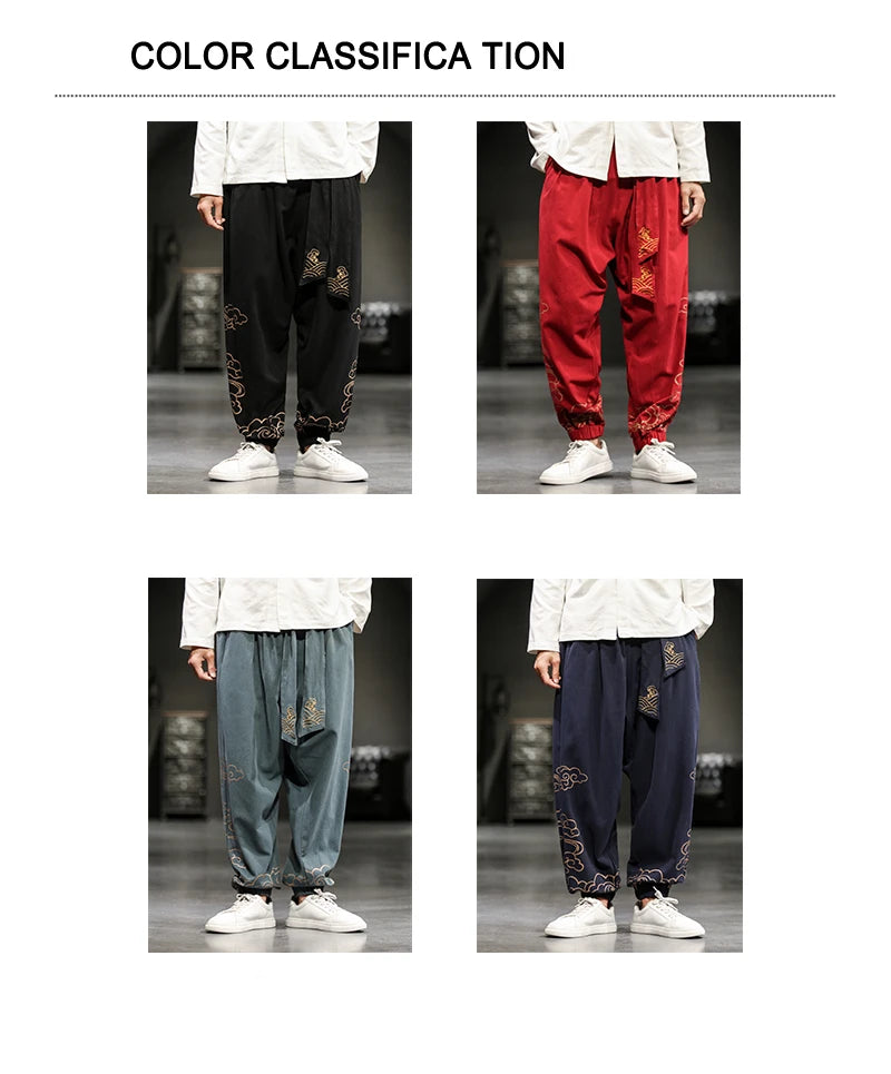 Chinese Style Retro Auspicious Clouds Print Pants Men Clothing Autumn Fashion Clothes Loose Casual Pants Plus Size Harem Pants