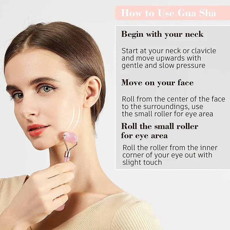 Rose Quartz Face Roller & Gua Sha Set – Natural Stone Facial Massage Beauty Tools